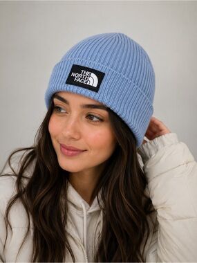The North Face Logo Box Cuff Beanie Blue Shallow Unisex Knit Hat New